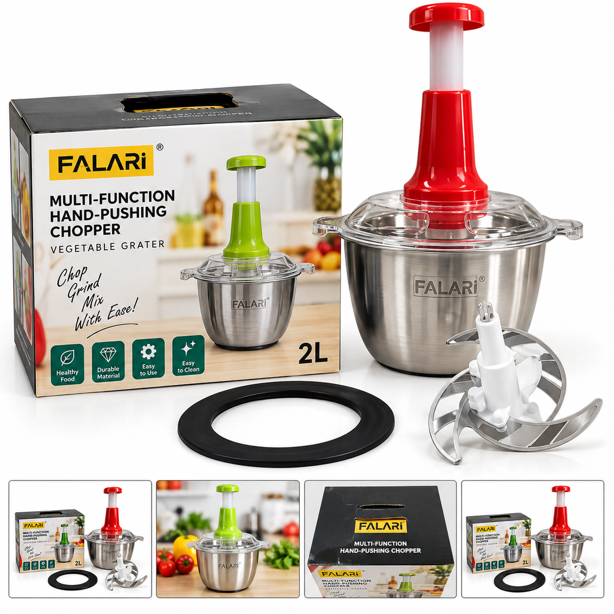 Falari 2L Hand-Push Vegetable Chopper & Grater – Stainless Steel Manual Food Processor