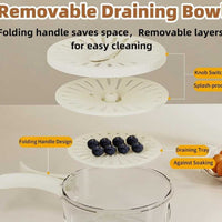 2 in 1 Drainer and Strainer, Draining Basket with Lid - Multifunctional Fruit Vegetable Washing Basket - Drainer with Foldable Handle