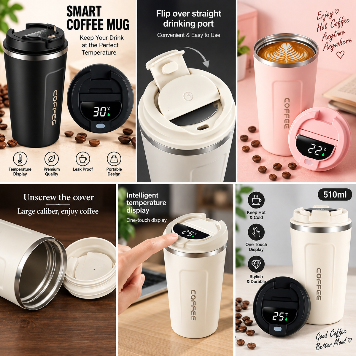 Smart Temperature Coffee Mug 500ml – Insulated Stainless Steel Travel Mug with LED Display