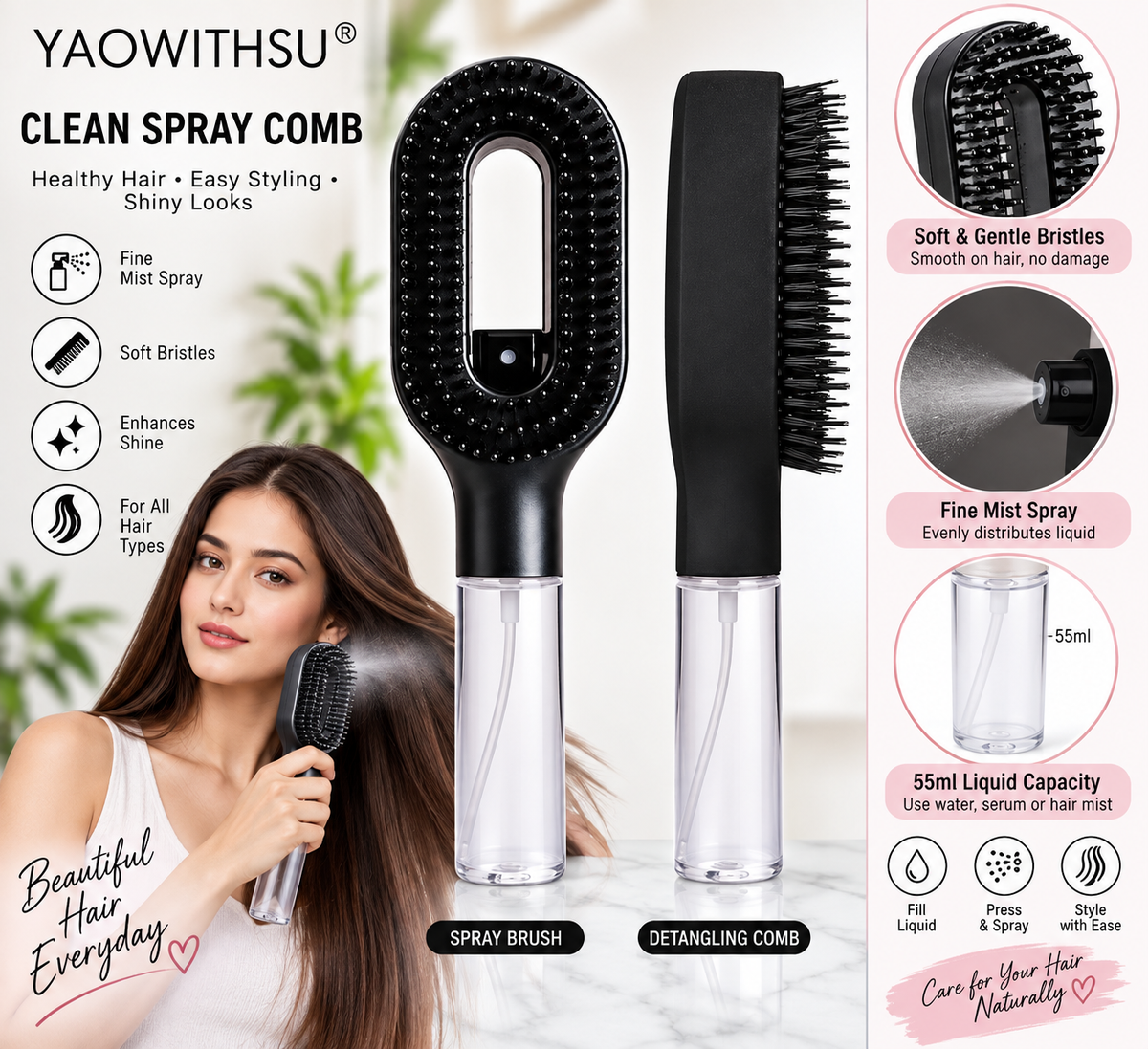 2-in-1 Misting Hair Brush with Water Spray – Anti-Frizz Detangling Comb